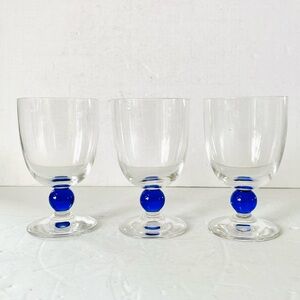 Set of 3 Elegant Blown Glass Water Goblets Tea Glasses Blue Ball Stem Dansk?